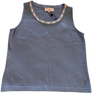 NWT St. John Collection Soft Blue Knit Sleeveless Top with White Details Sz L
